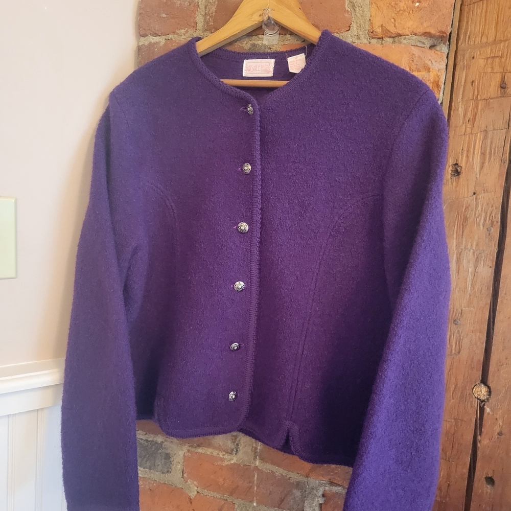 Ashley VTG boiledwool cardigan size 12 deep royal purple